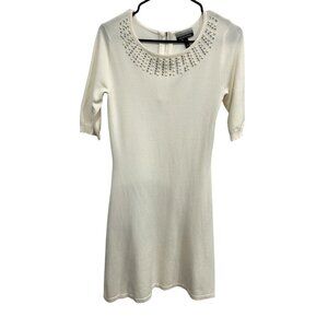 Allison Brittney White Short Sleeve Knit Dress Rhinestone Pearl Embellished Neck